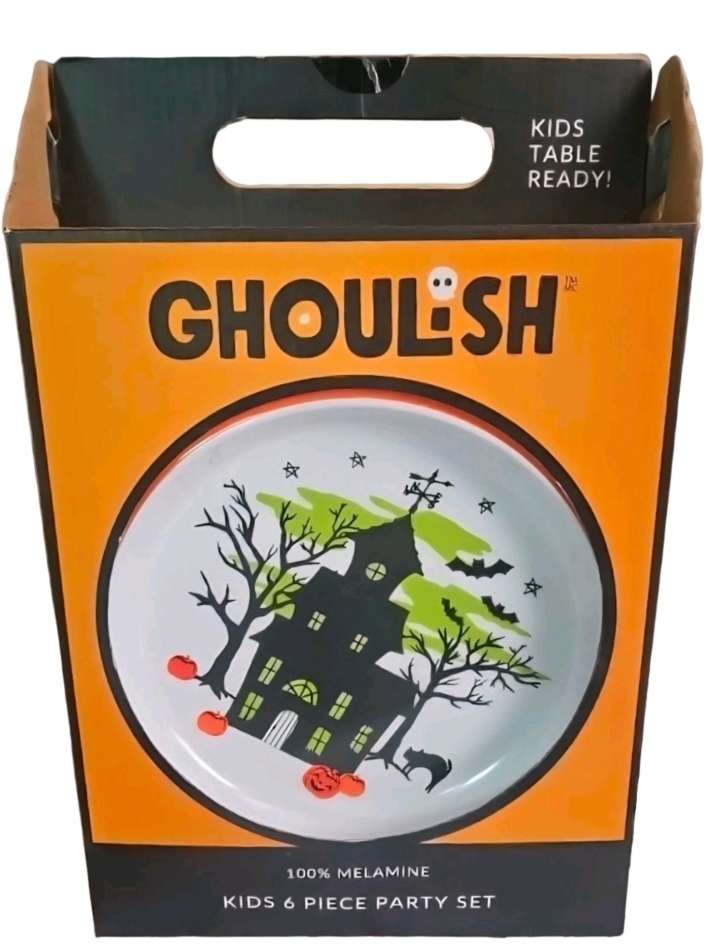 Ghoulish 6 Piece Kids Party Set 100% Melamine Halloween Decor Haunted House Cat